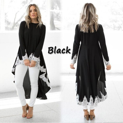 

Plus Size Women Ruffle High Low Symmetrical Long Sleeve Casual Loose Tops Blouse Trim Lace Shirt Dress Dovetail Hem T-Shirt