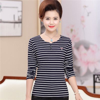 

Yu Zhaolin 2019 new middle-aged womens shirt top shirt 40-50 years old mother loaded spring&autumn striped t-shirt YWMM191367 Navy blue 2XL