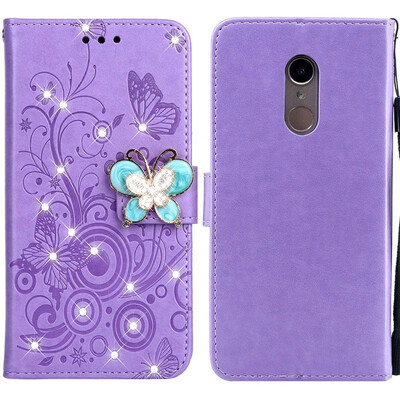 

MOONCASE Millet red rice 5 butterfly rhinestone embossed leather case - purple