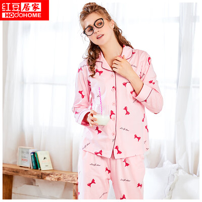 

Red Bean Home 2019 Spring&Autumn New Womens Pajamas Cotton Bow Print Long Sleeve Cardigan Home Service Set 136 Pink 17092A