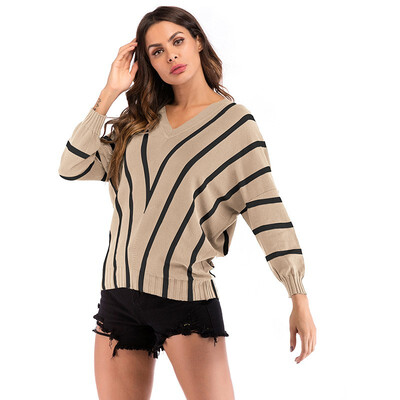 

2018 Autumn And Winter New Striped V-Neck Sweater Loose Bat Sleeve Bottoming Shirt