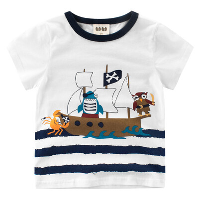 

Boy Short Sleeve Cotton T-Shirt Round Neck Tops Summer Kids Clothes Cartoon Pirate & Ship Printing Shirt Tee White 140