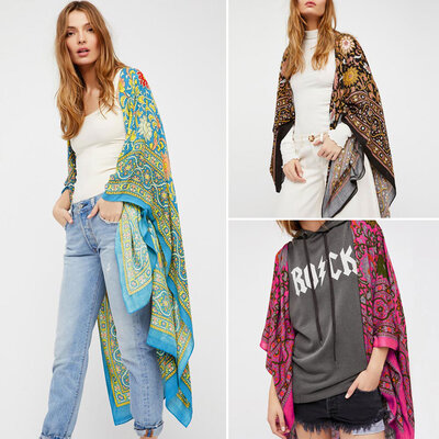 

Vintage Women Chiffon Kimono Cardigan Ethnic Boho Print Loose Long Outerwear Beachwear Bikini Cover Up RoseBlueCoffee
