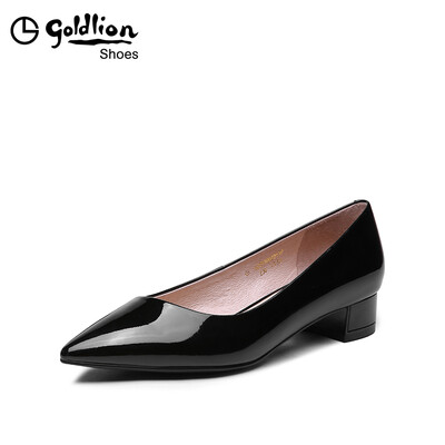 

Goldlion ladys pointed thick low-heeled fashion patent leather shallow mouth work shoes 62091002201P-black-38 yards
