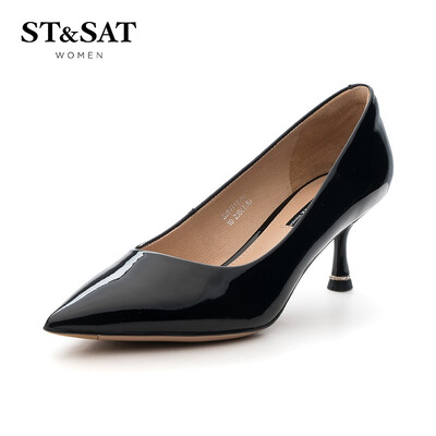 

Saturday ST&SAT lacquered cow leather high heel kitten with fashion shallow mouth shoes SS91111042 black 35