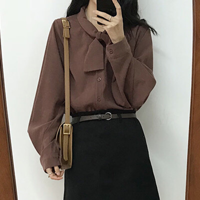 

JOY OF JOY Jingdong Womens 2019 Spring New Fashion Joker Lantern Sleeve Stand Collar Han Fan Shirt Womens Tide JWCC191334 Camel