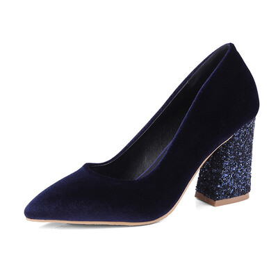 

IDIFU Womens Comfy Pointed Toe Pump - Velvet Glitter Sequined Block High Heels - Low Cut Slip on Work Shoes
