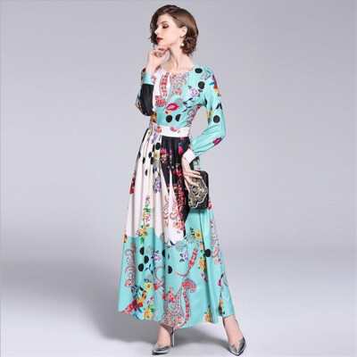 

L XL XXL elegant new spring 2019 long maxi dress women long sleeve blue flower digital print slim A line ankle length vintage