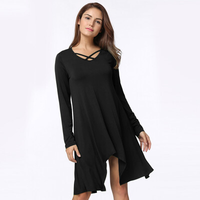 

Sexy Women Asymmetric T-Shirt Criss Cross V Neck Long Sleeves Blouse Solid Loose Casual Tunic Top BlackGreyArmy Green