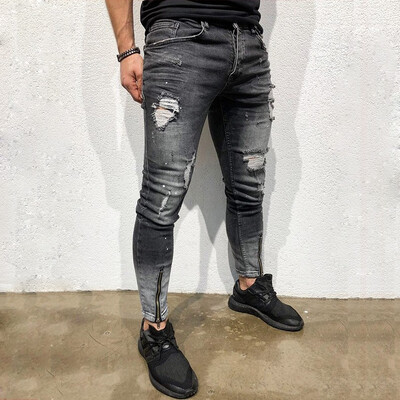 

Men Jeans Stretch Destroyed Ripped Design Fashion Ankle Zipper Skinny Jeans For Men