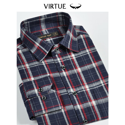 

Virtue rich cotton velvet plaid mens shirt 2019 spring new casual comfortable mens cotton sanded long-sleeved shirt FFC53034411 Navy blue 44