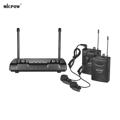 

MICPOW W-10 VHF Dual Channel Wireless Microphone Mic System with 2 Lapel Lavalier Microphones 2 Bodypack Transmitters 1 Receiv