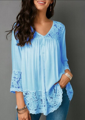 

7 Colors plus size Women Casual Solid Color Lace Deep V Neck T-Shirt Tops 34 Sleeves Sexy Autumn Slim Fit Irregular Pullover