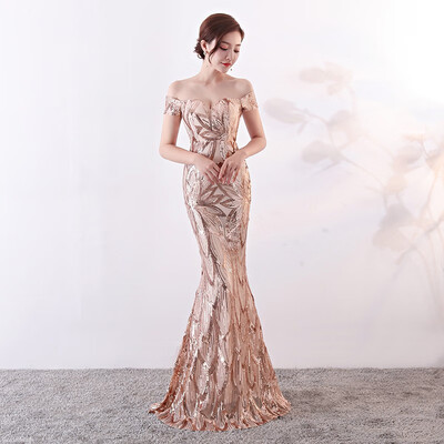 

Sexy Boat Neck Mermaid Evening Dress Sequin Shining Dress Slim Party Long Women Evening Dress