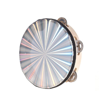 

10 Inch Wooden Radiant Tambourine Handbell Hand Drum with Single Row Jingles Reflective Drum Head Percussion Instrument Musical To