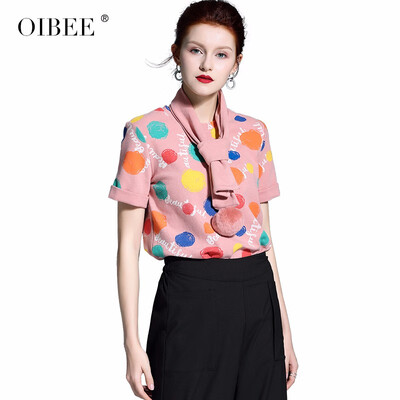

OIBEE2018 autumn&winter womens new fashion printing pink T-shirt short-sleeved shirt scarf two-piece shirt
