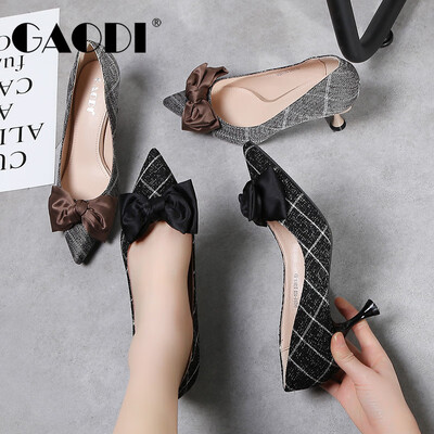 

Gaudy gaodi pointed shallow mouth bow social wild commuter plaid stiletto high heels female plaid black 38