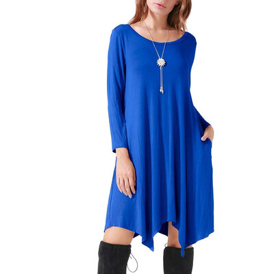 

Women Round Neck Long Sleeve Dress Medium Long Irregular Dress Irregular Hem Casual Dress