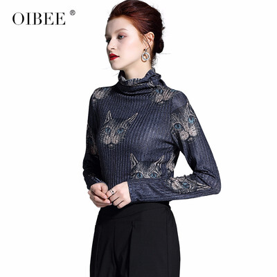 

OIBEE2018 autumn&winter new womens fashion high collar long-sleeved bottoming shirt pile collar long-sleeved slim short jacke