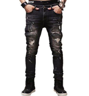 

AOWOFS Mens trousers trend washed cotton jeans Shredded Jeans Slim pants 610