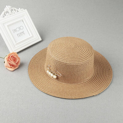 

Fashion Women Sun Hat Straw Hat Solid Wide Brim Bead Summer Sunbonnet Beach Panama Hat