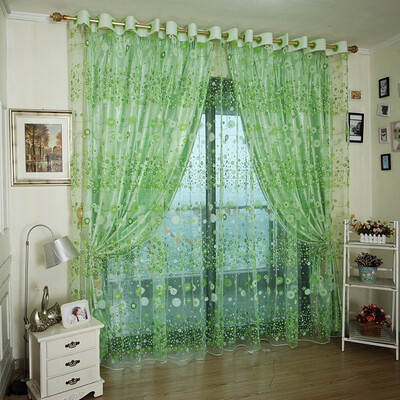 

Romantic Rustic Window Screen Balcony Green Pink Tulle Fabric Floral Design Transparent Panel