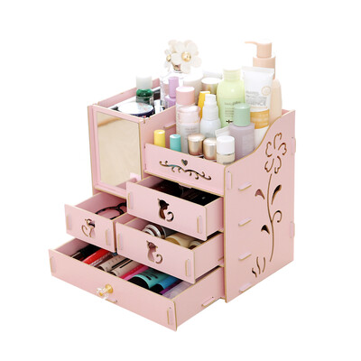 

Multifunctional Desktop Storage Box Assembly Wooden Large Capacity Makeup Cosmetic Storage Box with Mirror Multi Drawers DIY Jewel