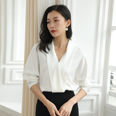 

Marc Rebecca Solid Color Loose Long Sleeve Shirt Spring&Summer New Satin Professional Chiffon Blouse Female 92001T White  Free Size