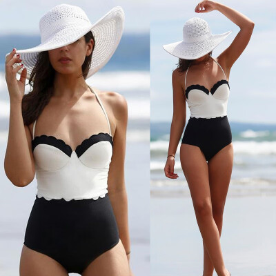 

Women One Piece Swimsuit Push Up Padded Bikini Monokini Beachwear Balck White