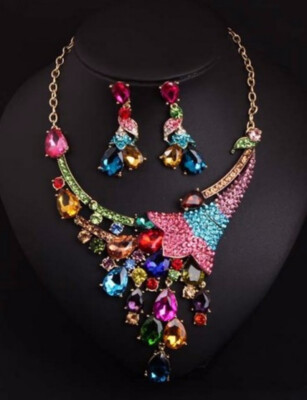 

new nice luxury fashion exaggerated crystal flashing diamond necklace earrings set dress party bride female accessories