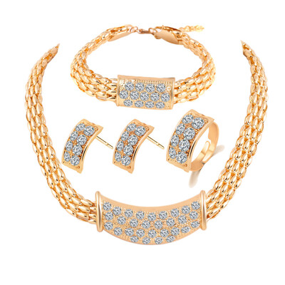 

Fashion Jewlery Set Water-drop Ball Chain Embedded Crystal Necklace Ear Studs Bracelet Ring Women Jewelry