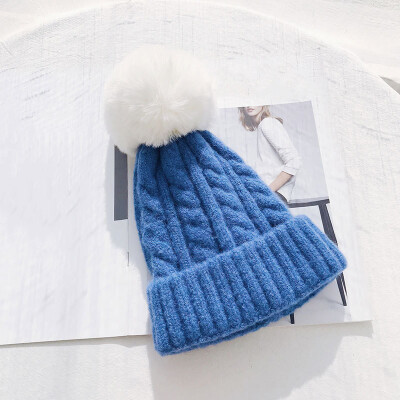 

Hat Female Winter Fur Ball Wool Hat Twist Knit Hat Simple Wool Blend Knit Hat