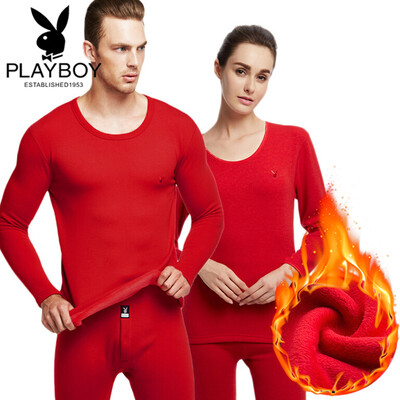 

Playboy thermal underwear men thickening plus velvet warm suit mens wool winter autumn clothes long pants mens life year red XXL