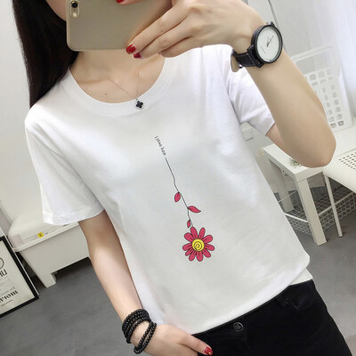 

JOY OF JOY Jingdong Womens 2019 Summer New Short Sleeve T-Shirt Female Korean Flower Embroidered Loose Student Turtleneck Top JWTD191783 White