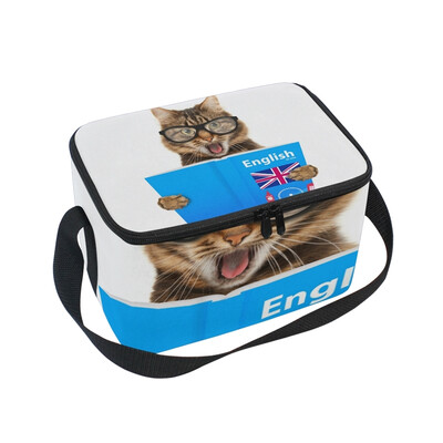 

Lunch Box Insulated Lunch Bag Large Cooler Cat Reading English Book Tote Bagfor Kids Men Women