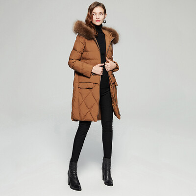 

Her pool womens 2018 winter new hooded folds long section cover meat slimming cotton clothing with fur collar warm cotton coat T74H2987A1735L caramel color L