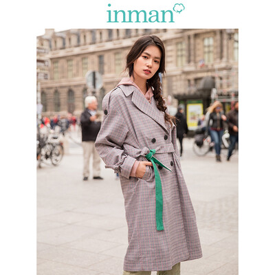

INMAN 2019 spring new lapel vintage checkered port wind casual loose long-sleeved windbreaker jacket female 1891061365 red grid color