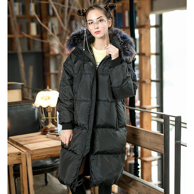 

Intercrew down jacket female 2018 winter new Korean sports casual printing loose version braids fur collar long thick down jacket female ITS4UD61A black 95L