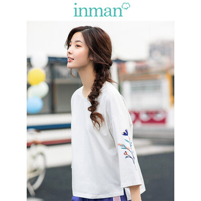 

INMAN 2019 spring new round neck literary embroidery split fork casual loose nine-point sleeve T-shirt female 1891021139 white