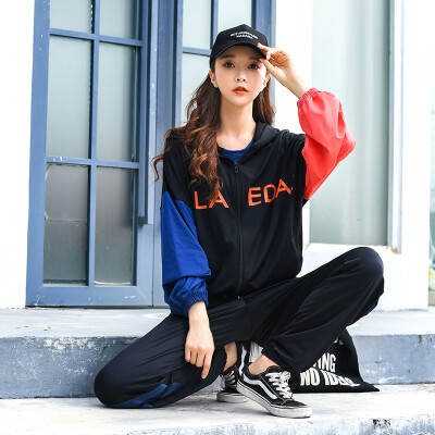 

Colorful 2019 new hit color hooded womens sportswear suit loose thin yoga clothes running long sleeve pants suit black