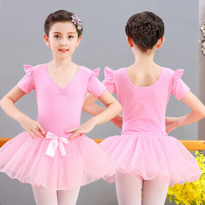 

Chic childrens dance costume girls spring&summer childrens exercise clothes costumes suits one-piece clothes ballet skirt short sleeve pink