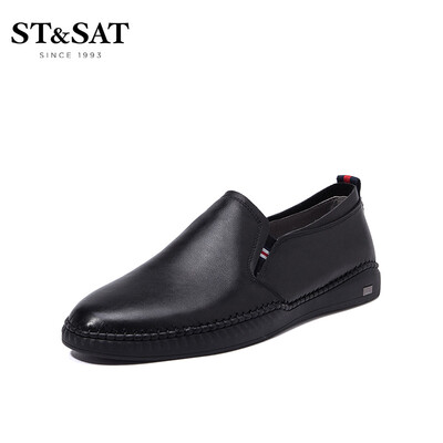 

Saturday Mens Shoes ST&SAT Fashion Cow Leather Comfortable&Wearable One-legged Driving Breathable Joker Casual Shoes SS91129802 Black 44