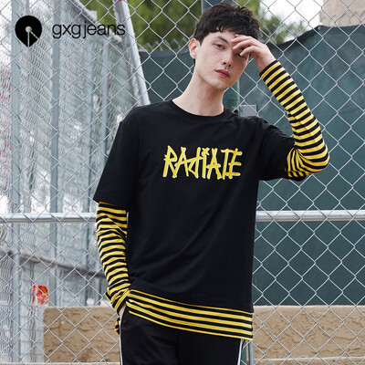 

Gxgjeans mens spring black round neck cotton long-sleeved T-shirt male stitching print stripes Korean version of the tide black L