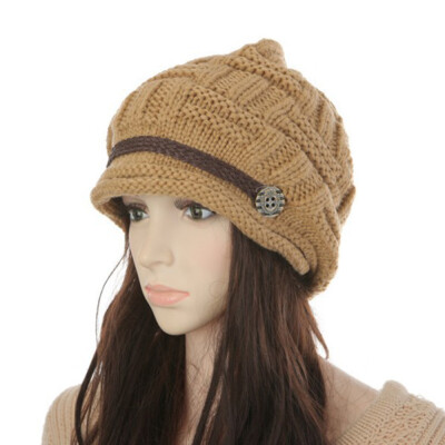 

Women Winter Knitted Braided Beanie Hats Cabled Checker Pattern Hat Beret Slouchy Button Leather Belt Cap