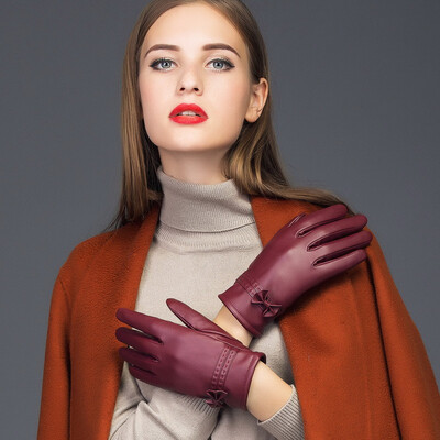 

Bai Shangyi special ladies gloves winter plus velvet thick warm cute cute bow thin touch screen gloves wine red code BPF027