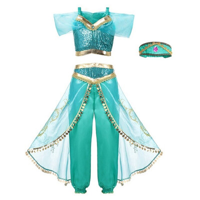 

MUABABY Arabian Fancy Dress up for Girls Sleeveless Sequined Jasmine Cosplay Princess Costume Kids Halloween 2 Pcs Set Clothes