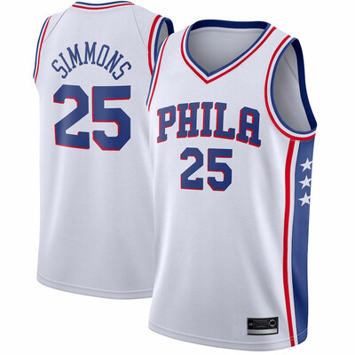 

2019 New Mens Philadelphia 76ers 25 Ben Simmons Red White Gray Blue Basketball Jersey Size S-XXL
