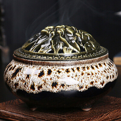 

Ceramic Ice Crack Porcelain Aromatherapy Diffuser Sandalwood Censer With Copper Cover For Buddhist Relax Porcelain Incense Burner