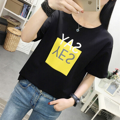 

JOY OF JOY Jingdong Womens 2019 Short Sleeve Fashion T-Shirt Female Korean Small Fresh Tops Letter Print Short Sleeve T-Shirt Women JWTD191799 Black