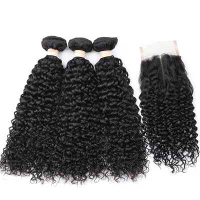 

BEAUDIVA Curly 3 Bundles With 44 Closure Brazilian Hair Weave Bundles Middle Part